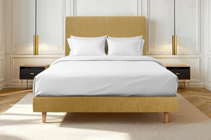 Lit 140x200 cm - Sommier tapissier H29 cm + tête de lit tapissée - Tissu Toile natté Jaune