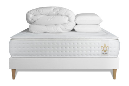 Pack lit complet 140x190 cm - Matelas + Sommier Blanc + 2 oreillers + Couette - Vingt-Quatre PLUS