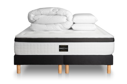 Pack lit complet 160x200 cm - Matelas + 2 Sommiers noirs + 2 oreillers + Couette - Privilège
