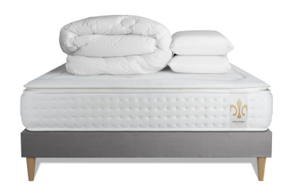Pack lit complet 140x190 cm - Matelas + Sommier Gris + 2 oreillers + Couette - Vingt-Quatre PLUS