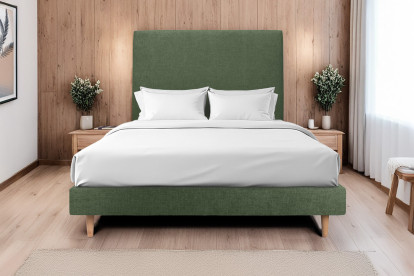 Lit 140x190 cm - Sommier tapissier H29 cm + tête de lit tapissée - Tissu Toile natté Vert Kaki