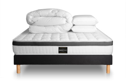 Pack lit complet 160x200 cm - Matelas + Sommier Noir + 2 oreillers + Couette - Supérieur