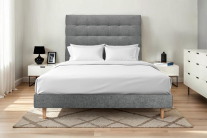 Lit 140x190 cm - Sommier à lattes H29 cm + tête de lit capitonnée - Tissu Toile natté Gris Anthracite