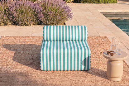 Fauteuil modulable, mousse écologique et assise ferme - Tissu extérieur à rayures, blanc et bleu turquoise
