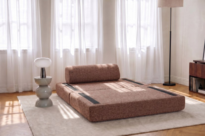 Canapé 2 places convertible et modulable, mousse écologique et assise ferme - Tissu tweed Rouge