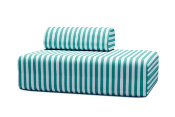 Canapé 2 places modulable, mousse écologique et assise ferme  - Tissu extérieur à rayures, blanc et bleu turquoise