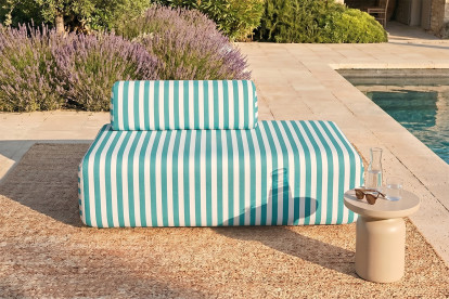 Canapé 2 places modulable, mousse écologique et assise ferme  - Tissu extérieur à rayures, blanc et bleu turquoise