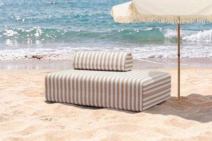 Canapé 2 places modulable, mousse écologique et assise ferme  - Tissu extérieur à rayures, blanc et marron