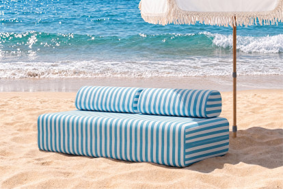 Canapé 3 places modulable, mousse écologique et assise ferme  - Tissu extérieur à rayures, blanc et bleu