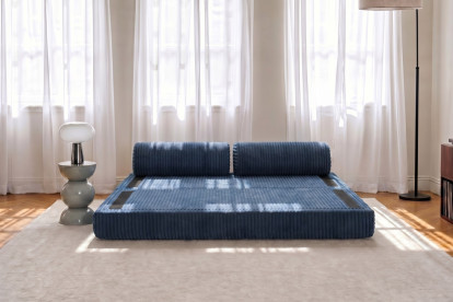Canapé 3 places convertible et modulable, mousse écologique et assise ferme  - Velours côtelé XL Bleu