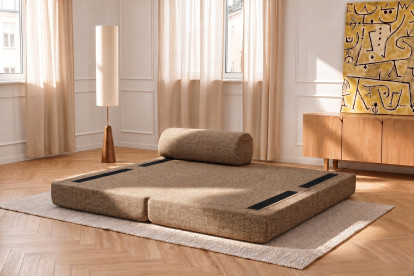 Méridienne convertible et modulable, mousse écologique et assise ferme  - Tissu tweed Marron