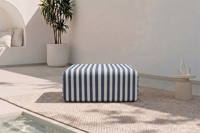 Pouf modulable, mousse écologique et assise ferme  - Tissu extérieur à rayures, blanc et bleu foncé