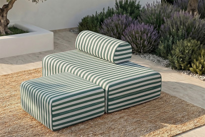 Pouf modulable, mousse écologique et assise ferme  - Tissu extérieur à rayures, blanc et vert foncé