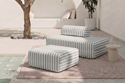 Pouf modulable, mousse écologique et assise ferme  - Tissu extérieur à rayures, blanc et gris