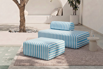 Pouf modulable, mousse écologique et assise ferme  - Tissu extérieur à rayures, blanc et bleu