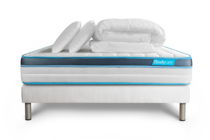 Pack lit complet 200x200 cm - Matelas + Sommier Blanc (en kit) + 2 oreillers + Couette - BodyFit