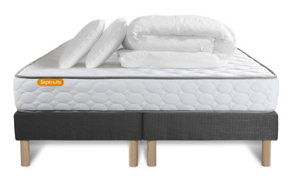 Pack lit complet 200x200 cm - Matelas + 2 Sommiers Gris + 2 oreillers + Couette - Memo
