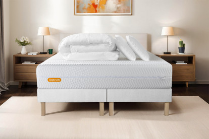 Pack lit complet 200x200 cm - Matelas + 2 Sommiers Blancs + 2 oreillers + Couette - Memo Bio