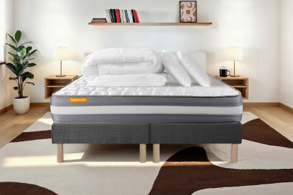 Pack lit complet 200x200 cm - Matelas + 2 Sommiers Gris + 2 oreillers + Couette - Memo Plus