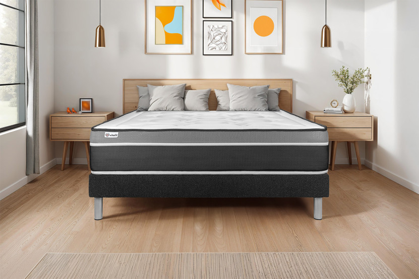 Ensemble Matelas Sommier 150x200 cm - Sommier Noir (en kit) - Vital Care
