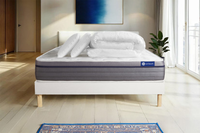 Pack lit complet 160x200 cm - Matelas + Sommier Blanc (en kit) + 2 oreillers + Couette - Actilatex Zen