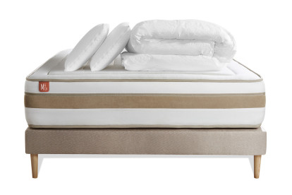 Pack lit complet 160x200 cm - Matelas + Sommier Beige + 2 oreillers + Couette - Le Raffiné