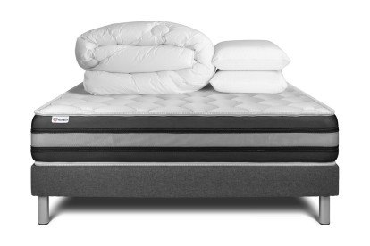 Pack lit complet 200x200 cm - Matelas + Sommier Gris (en kit) + 2 oreillers + Couette - Vitalspring Zen