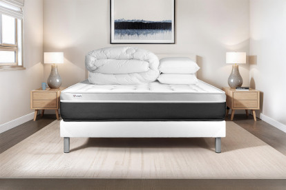 Pack lit complet 160x200 cm - Matelas + Sommier Blanc (en kit) + 2 oreillers + Couette - Vital Soft