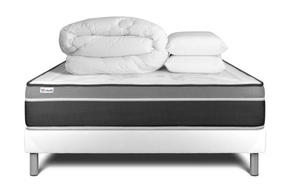 Pack lit complet 180x200 cm - Matelas + Sommier Blanc (en kit) + 2 oreillers + Couette - Vital Care