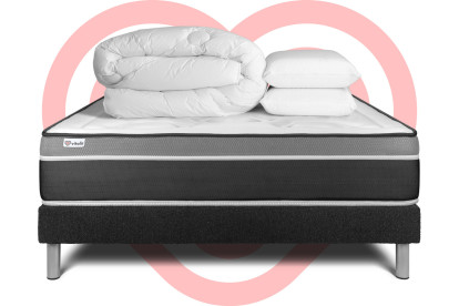 Pack lit complet 160x200 cm - Matelas + Sommier Noir (en kit) + 2 oreillers + Couette - Vital Care