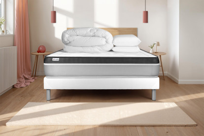 Pack lit complet 160x200 cm - Matelas + Sommier Blanc (en kit) + 2 oreillers + Couette - Vital Ergo