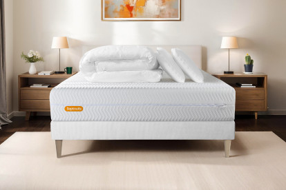 Pack lit complet 160x200 cm - Matelas + Sommier Blanc + 2 oreillers + Couette - Memo Bio