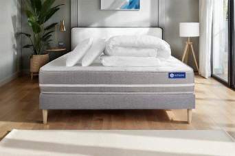 Pack lit complet 200x200 cm - Matelas + Sommier Gris (en kit) + 2 oreillers + Couette - Actilatex Touch