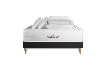 Pack lit complet 200x200 cm - Matelas + Sommier Noir (en kit) + 2 oreillers + Couette - Buckingham
