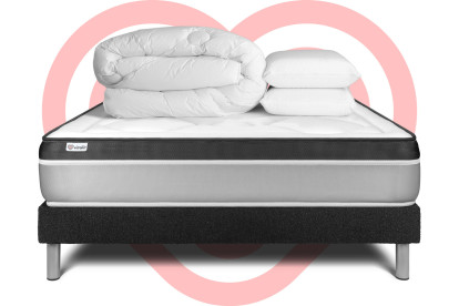 Pack lit complet 160x200 cm - Matelas + Sommier Noir (en kit) + 2 oreillers + Couette - Vital Ergo