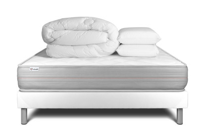 Pack lit complet 180x200 cm - Matelas + Sommier Blanc (en kit) + 2 oreillers + Couette - Vitalmemo