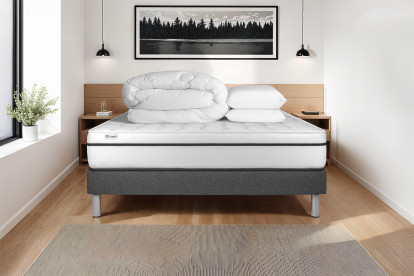 Pack lit complet 200x200 cm - Matelas + Sommier Gris (en kit) + 2 oreillers + Couette - Vital Spa