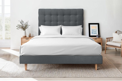 Lit 140x200 cm - Sommier tapissier H29 cm + tête de lit capitonnée - Tissu Velours Gris Anthracite