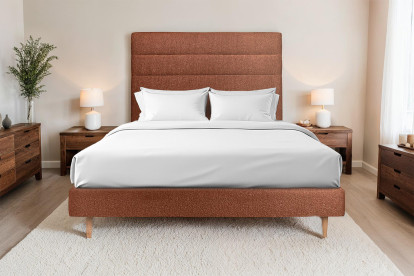 Lit 140x200 cm - Sommier tapissier H29 cm + tête de lit à lignes - Tissu Bouclette Terracotta