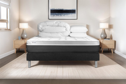 Pack lit complet 200x200 cm - Matelas + Sommier Noir (en kit) + 2 oreillers + Couette - Vital Soft