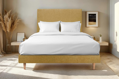 Lit 180x200 cm - Sommier à lattes H29 cm + tête de lit tapissée - Tissu Toile natté Jaune