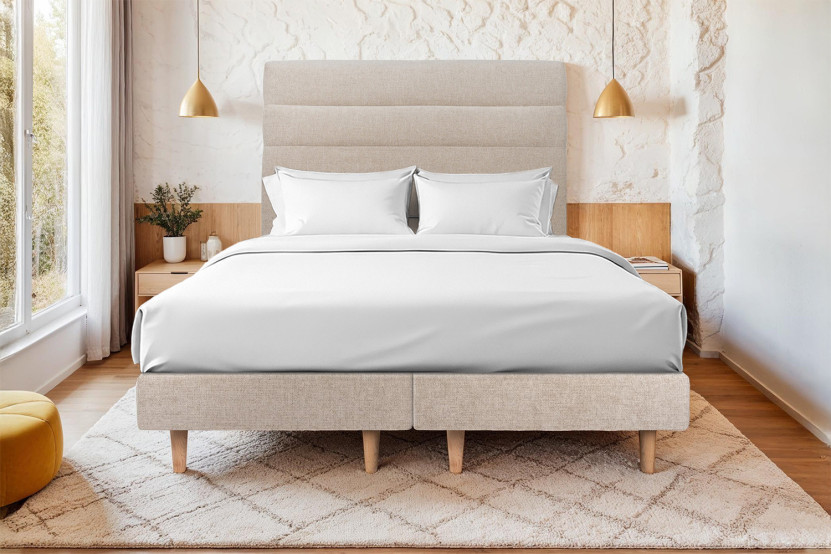 Lit 2x90x200 cm avec Tête de lit à lignes - Tissu Toile natté