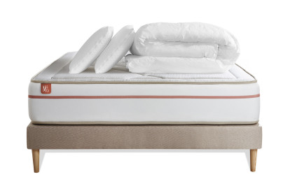 Pack lit complet 140x200 cm - Matelas + Sommier Beige (en kit) + 2 oreillers + Couette - Le Paisible