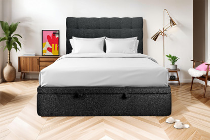 Lit coffre 180x200 cm avec Tête de lit capitonnée - Tissu Bouclette Noir