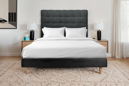 Lit 150x200 cm - Sommier tapissier H29 cm + tête de lit capitonnée - Tissu Bouclette Noir