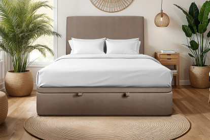 Lit coffre 200x200 cm avec Tête de lit tapissée - Tissu Velours Taupe