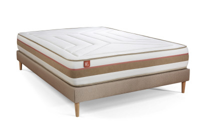 Pack lit complet 140x190 cm - Matelas + Sommier Beige (en kit) + 2 oreillers + Couette - Le Tendre