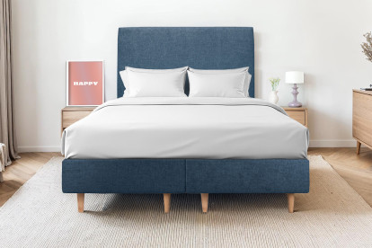 Lit 2x 100x200 cm - Sommier tapissier H35 cm + tête de lit tapissée - Tissu Toile natté Bleu Océan