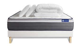 Pack lit complet 140x190 cm - Matelas + Sommier Blanc (en kit) + 2 oreillers + Couette - Actiflex Plus