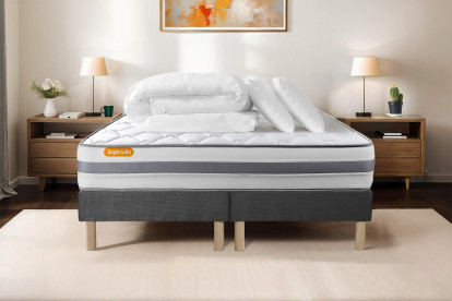 Pack lit complet 160x200 cm - Matelas + 2 Sommiers Gris + 2 oreillers + Couette - Memo Spring